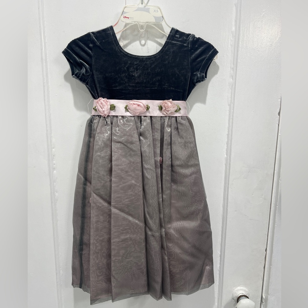 Girls Gray Velvet Top Formal Dress with Pink Rose Sash